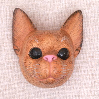 Wood mask, 'Watchful Cat' - Hand-Carved Suar Wood Cat Mask from Bali
