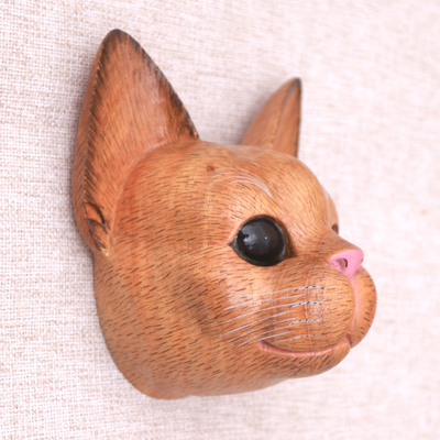 Wood mask, 'Watchful Cat' - Hand-Carved Suar Wood Cat Mask from Bali
