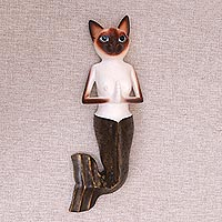 Wood wall sculpture, 'Siamese Mermaid Cat'