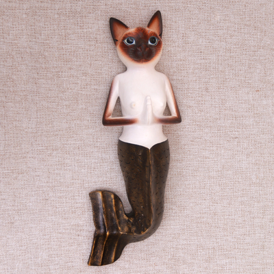 Escultura de pared de madera - Escultura de pared de gato sirena siamesa de madera pintada a mano