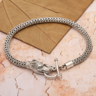 Pulsera de cadena de plata de ley - Brazalete de cadena de plata esterlina con tema de dragón de Bali