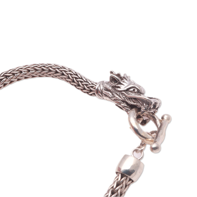 Sterling silver chain bracelet, 'Dragon Bite' - Dragon-Themed Sterling Silver Chain Bracelet from Bali