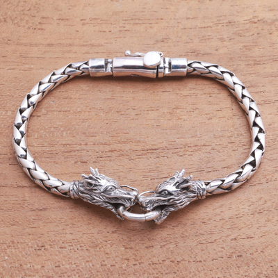 Men's sterling silver pendant bracelet, 'Dueling Dragons' - Men's Sterling Silver Dragon Pendant Bracelet from Bali