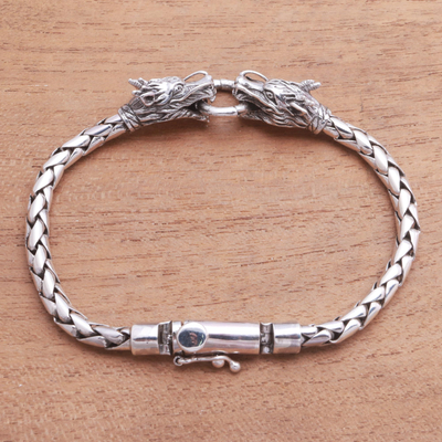 Men's sterling silver pendant bracelet, 'Dueling Dragons' - Men's Sterling Silver Dragon Pendant Bracelet from Bali