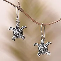 Sterling silver dangle earrings, 'Baby Turtles' - Sterling Silver Sea Turtle Dangle Earrings from Bali