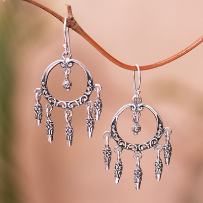 Sterling silver chandelier earrings, 'Dream Catcher Rain' - Swirl Pattern Sterling Silver Chandelier Earrings from Bali
