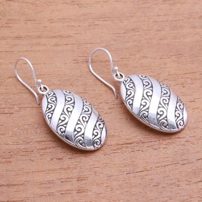 Sterling silver dangle earrings, 'Oval Wave' - Wave and Swirl Pattern Sterling Silver Dangle Earrings