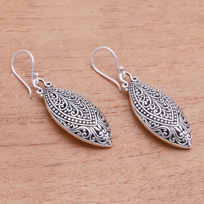 Sterling silver dangle earrings, 'Marquise Antiquity' - Swirl Pattern Sterling Silver Dangle Earrings from Bali