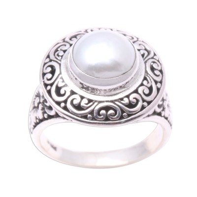 Cultured pearl cocktail ring, 'Precious Swirls' - Swirl Pattern Cultured Pearl Cocktail Ring from Bali