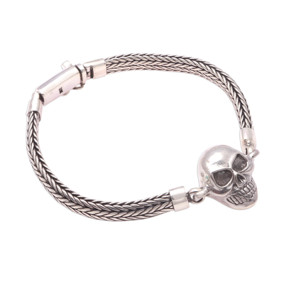 Men's sterling silver pendant bracelet, 'Bold Trunyan' - Men's Sterling Silver Skull Pendant Bracelet from Bali