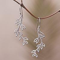 Sterling silver dangle earrings, 'Cute Leaves' - Leaf-Themed Sterling Silver Dangle Earrings from Bali