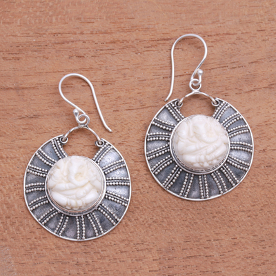 Sterling silver and bone dangle earrings, 'Ganesha Shield' - Ganesha-Themed Sterling Silver and Bone Dangle Earrings