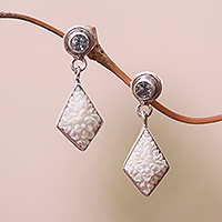 Blue topaz dangle earrings, 'Flower Kites' - Floral Bone and Blue Topaz Dangle Earrings from Java