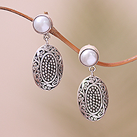 Cultured pearl dangle earrings, 'Charming Clusters' - Dot Pattern Cultured Pearl Dangle Earrings from Java