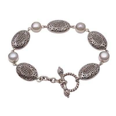 Cultured pearl link bracelet, 'Charming Clusters' - Dot Pattern Cultured Pearl Link Bracelet from Java