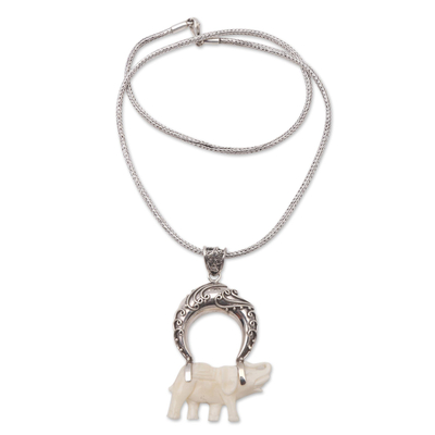 Sterling silver and bone pendant necklace, 'Clever Elephant' - Sterling Silver and Bone Elephant Pendant Necklace from Java