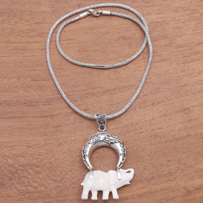 Sterling silver and bone pendant necklace, 'Clever Elephant' - Sterling Silver and Bone Elephant Pendant Necklace from Java