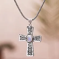 Moonstone pendant necklace, 'Mesmerizing Faith' - Moonstone Cross Pendant Necklace from Bali