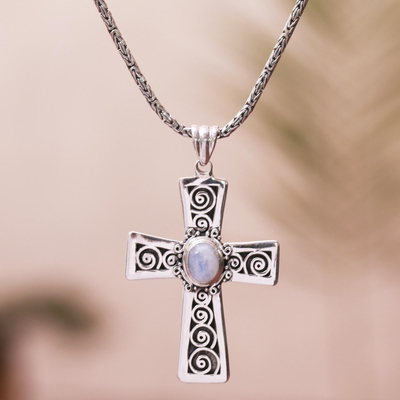 Rainbow moonstone pendant necklace, 'Mesmerizing Faith' - Rainbow Moonstone Cross Pendant Necklace from Bali