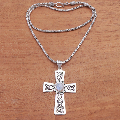 Moonstone pendant necklace, 'Mesmerizing Faith' - Moonstone Cross Pendant Necklace from Bali