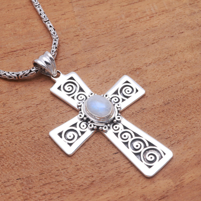 Rainbow moonstone pendant necklace, 'Mesmerizing Faith' - Rainbow Moonstone Cross Pendant Necklace from Bali