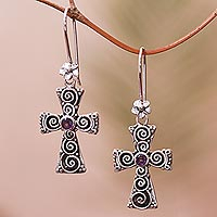 Pendientes colgantes de amatista, 'Spiral Faith' - Pendientes colgantes de cruz de amatista con patrón en espiral de Bali