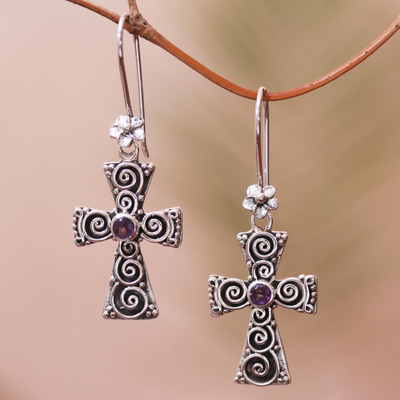 Amethyst dangle earrings, 'Spiral Faith' - Spiral Pattern Amethyst Cross Dangle Earrings from Bali