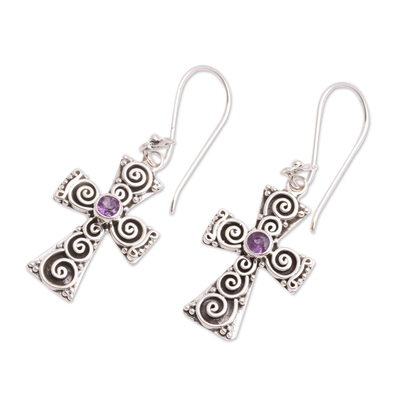 Amethyst dangle earrings, 'Spiral Faith' - Spiral Pattern Amethyst Cross Dangle Earrings from Bali