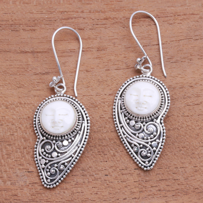 Sterling silver and bone dangle earrings, 'Pear Faces' - Pear-Shaped Sterling Silver and Bone Dangle Earrings