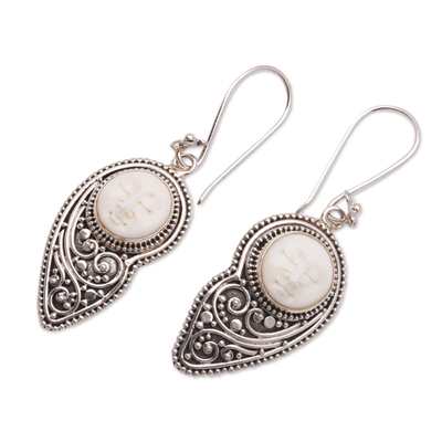 Sterling silver and bone dangle earrings, 'Pear Faces' - Pear-Shaped Sterling Silver and Bone Dangle Earrings