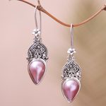 Cultured pearl dangle earrings, 'Ripe Fruit' - Floral Pink Cultured Pearl Dangle Earrings from Bali