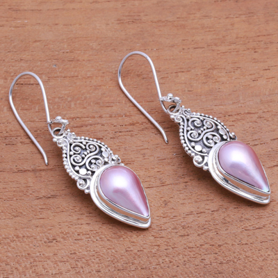 Cultured pearl dangle earrings, 'Ripe Fruit' - Floral Pink Cultured Pearl Dangle Earrings from Bali