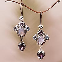 Floral Multi-Gemstone Dangle Earrings Crafted in Bali,'Charming Light'