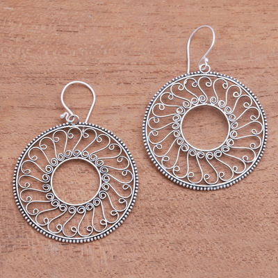 Sterling silver dangle earrings, 'Patterned Wheels' - Circular Sterling Silver Dangle Earrings from Bali