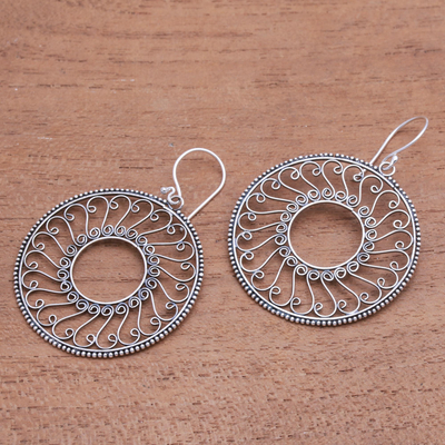 Sterling silver dangle earrings, 'Patterned Wheels' - Circular Sterling Silver Dangle Earrings from Bali