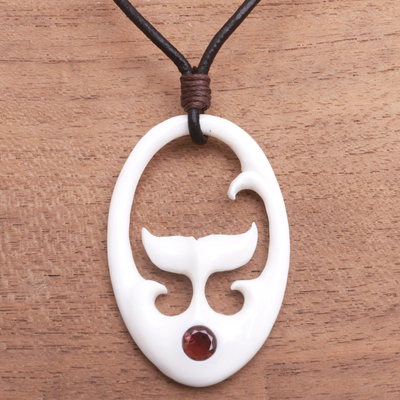 Garnet pendant necklace, 'Rising Tail' - Garnet Whale Tail Pendant Necklace from Bali