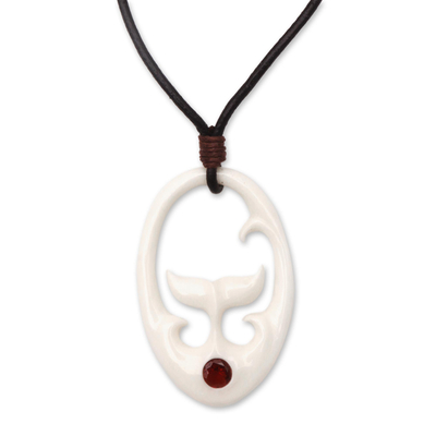 Garnet pendant necklace, 'Rising Tail' - Garnet Whale Tail Pendant Necklace from Bali