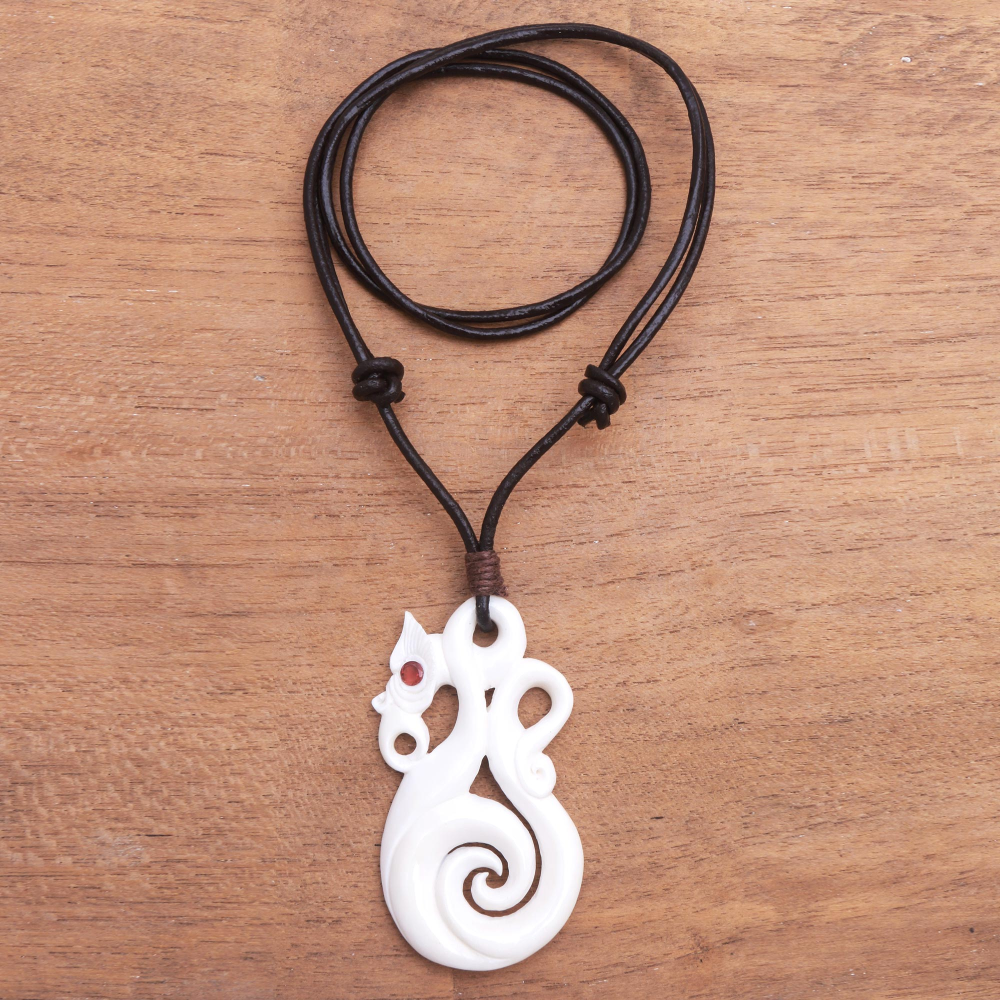 Bone Maori Koru Pendant Leather Cord Necklace