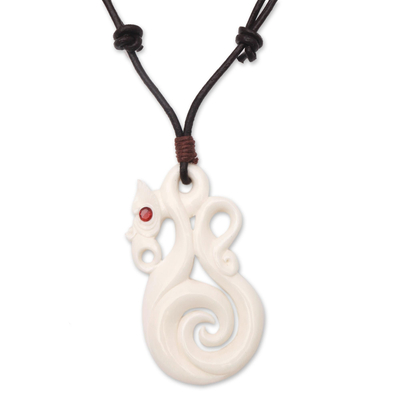 Bone and garnet pendant necklace, 'Nautical Glory' - Swirl Pattern Bone and Garnet Pendant Necklace from Bali