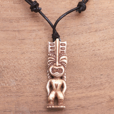 Bone pendant necklace, 'Polynesian Figure' - Hand-Carved Polynesian Bone Pendant Necklace from Bali