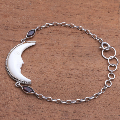 Garnet and bone pendant bracelet, 'Happy Crescent' - Crescent Moon Garnet and Bone Pendant Bracelet