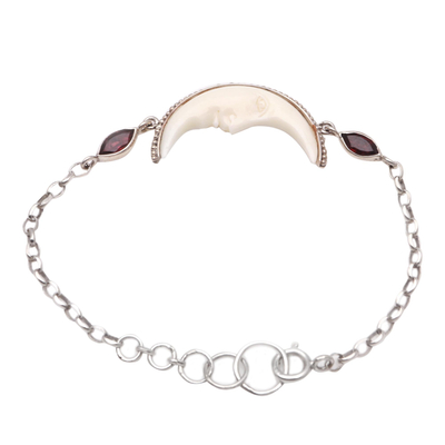 Garnet and bone pendant bracelet, 'Happy Crescent' - Crescent Moon Garnet and Bone Pendant Bracelet