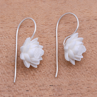 Bone drop earrings, 'Floating Padma' - Floral Bone Drop Earrings Crafted in Bali