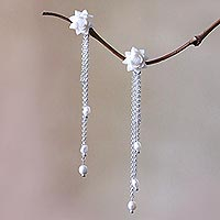 Cultured pearl waterfall earrings, 'Padma Tears' - Floral Cultured Pearl Dangle Earrings from Bali