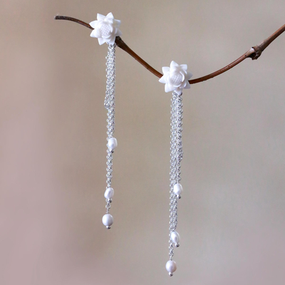 Cultured pearl dangle earrings, 'Padma Tears' - Floral Cultured Pearl and Bone Dangle Earrings from Bali