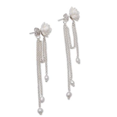 Cultured pearl waterfall earrings, 'Padma Tears' - Floral Cultured Pearl Dangle Earrings from Bali