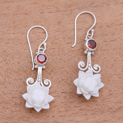 Garnet dangle earrings, 'Glittering Padma' - Floral Garnet and Dangle Earrings from Bali