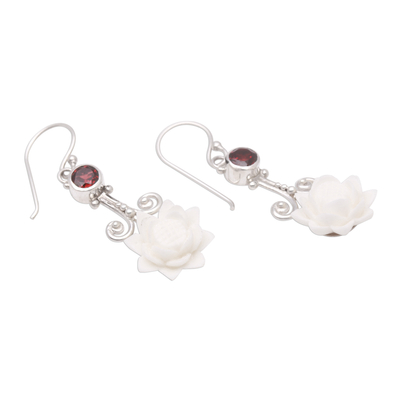 Garnet dangle earrings, 'Glittering Padma' - Floral Garnet and Dangle Earrings from Bali