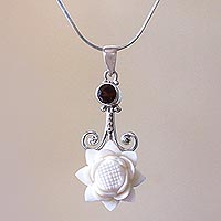 Garnet pendant necklace, 'Glittering Padma' - Floral Garnet Pendant Necklace from Bali