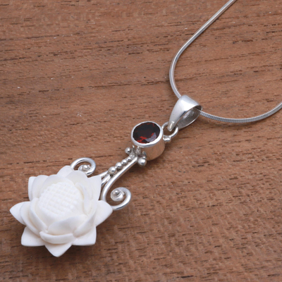 Garnet pendant necklace, 'Glittering Padma' - Floral Garnet Pendant Necklace from Bali